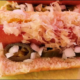 One of my "Regular Dogs," showing the juicy dog, the fresh bun, along with the mustard, sauerkraut, diced white onion and diced jalapeno.