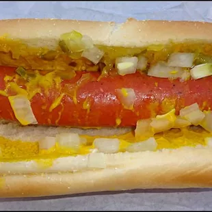 "Spicy Cajun Dawg," complete with mustard, dill relish and diced onion, on the large, fresh roll.