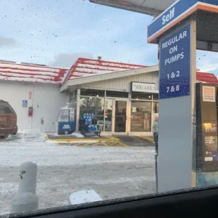 a gas station in the snow
