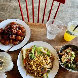 Orange tofu. Mixed veggie lo mein. Chicken wings.