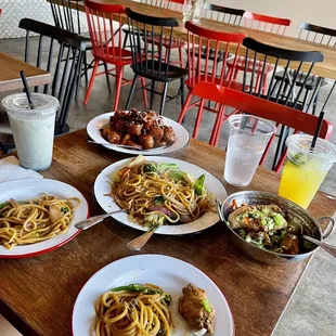 Orange tofu. Mixed veggie lo mein. Chicken wings.