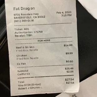 a receipt for a fat dragon