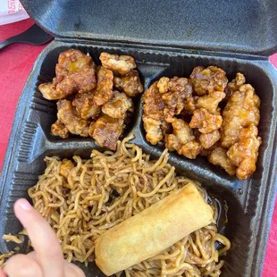Frozen orange chicken and top ramen noodles.