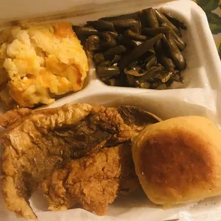 Fried fish? Mac n cheese, string beans and roll