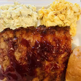The half slab of ribs w/ Mac &amp; Cheese and the Famous potato salad
