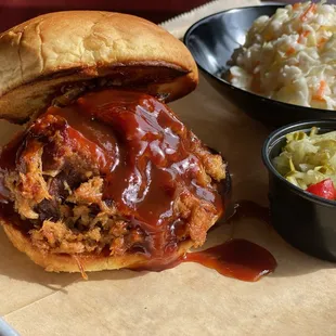 ows a pulled pork sandwich and coleslaw