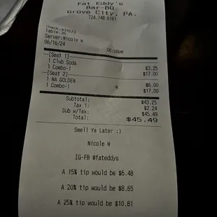 Fat Eddy's Bar-BQ receipt dated 6.16.24.