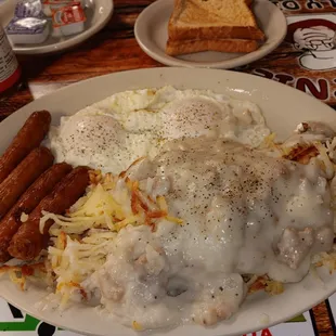 2 eggs over easy with lynx sausage, weak toast and gravy on the hash Browns $10.99. You&apos;re not gonna find this anywhere