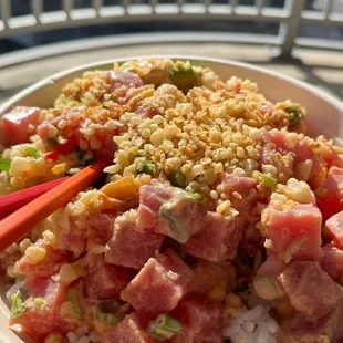 Custom poke bowl with spicy tuna