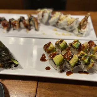 Salmon skin hand roll and a whole bunch of rolls.