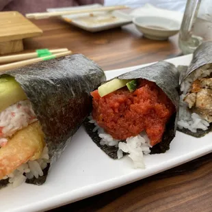 Crunch, spicy tuna, salmon skin hand rolls