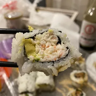 a close up of a piece of sushi