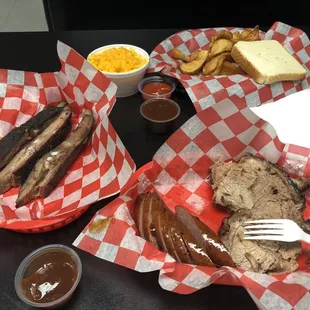 Ribs, sausage, brisket, Mac &amp; cheese, French fries