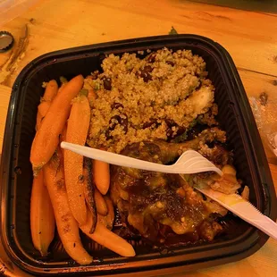Quarter chicken, quinoa and peas, caramelized carrots