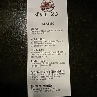 Drink menu