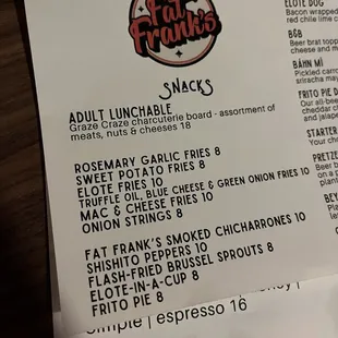 a menu for a fast food restaurant