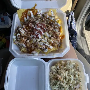 Pulled Pork Nachos and a side of Mac and cheese