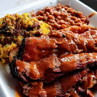 Beef Brisket Dinner w/ Rib-Tip Perlo Rice &amp; Bbq Baked Beans