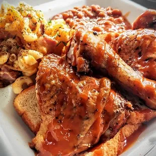 Chicken Dinner w/ Stuffed Mac &amp; Bbq Baked Beans