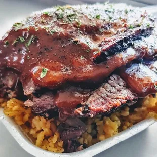 "THE PORTER"- Rib-Tip Perlo Rice Bowl topped with Bbq Baked Beans &amp; Beef Brisket