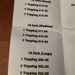 Pizza sizes and by toppings