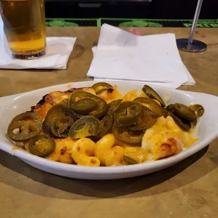 Mac and cheese with jalapenos.