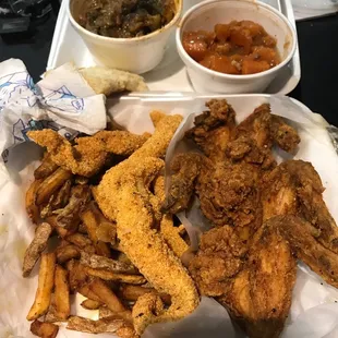 Greens, sweet potatoes, mac n cheese, catfish, fries, and wings
