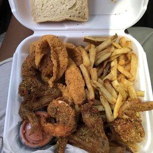 Chicken, 23. 2 Fish, 2 Jumbo Shrimp added two lemon pepper chicken wings, came with fries