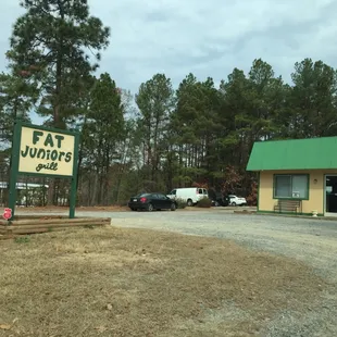 a parking lot in front of a restaurant