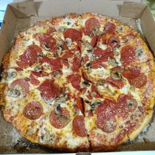 Large Pepperoni &amp; Mushrooms w/extra sauce. Delicious.