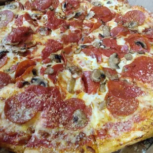 Large Pepperoni &amp; Mushrooms w/extra sauce. Delicious.