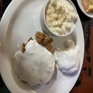 Country fried chicken, mashed potatoes and Mac and cheese