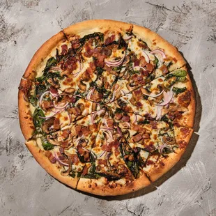 White Pie: bechamel sauce, mozzarella, spinach, mushrooms, bacon