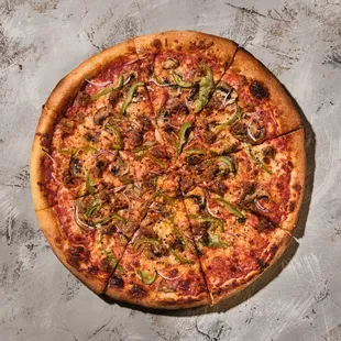 Sausage Pie: red sauce, mozzarella, house made sausage, red onions, green bells &amp; mushrooms