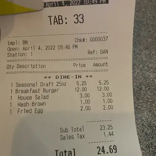 a receipt for a restaurant