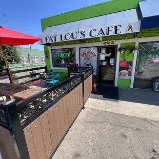 Store front and outside seating.