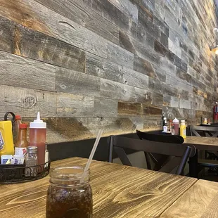 Indoor. "Free" fountain drink.