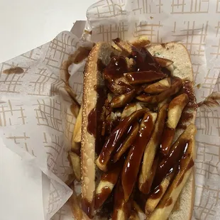 Shrimp Po'Boy smoothed with fries