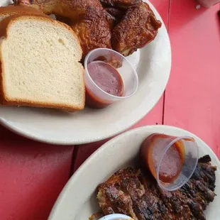 Half chicken and half slab of ribs with Mac and cheese