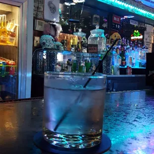 a drink on a bar counter