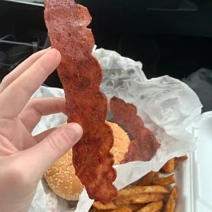 a hand holding a bacon and fries