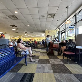 Waiting area with park benches