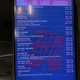 Beer selection Menu