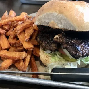 Double burger with sweet potato fries