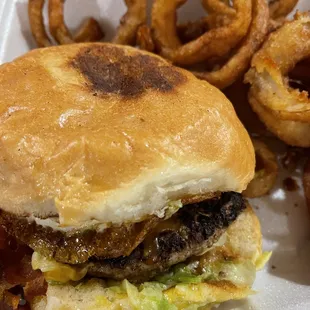 a burger and onion rings