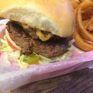 Fat boy hamburger with onion rings
