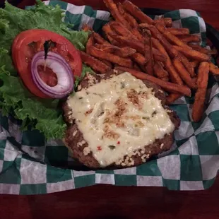 Vampire Burger and sweet potato fries.