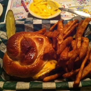 The pretzel patty with fries. Served with American cheese, no veg and a side of honey mustard.