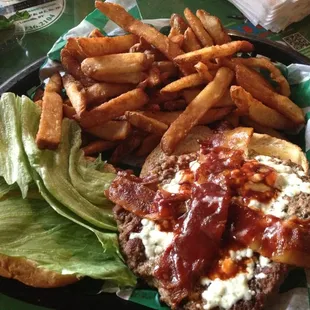 Black and blue burger with bacon and bbq sauce
