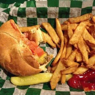 Jr cheeseburger with fries.